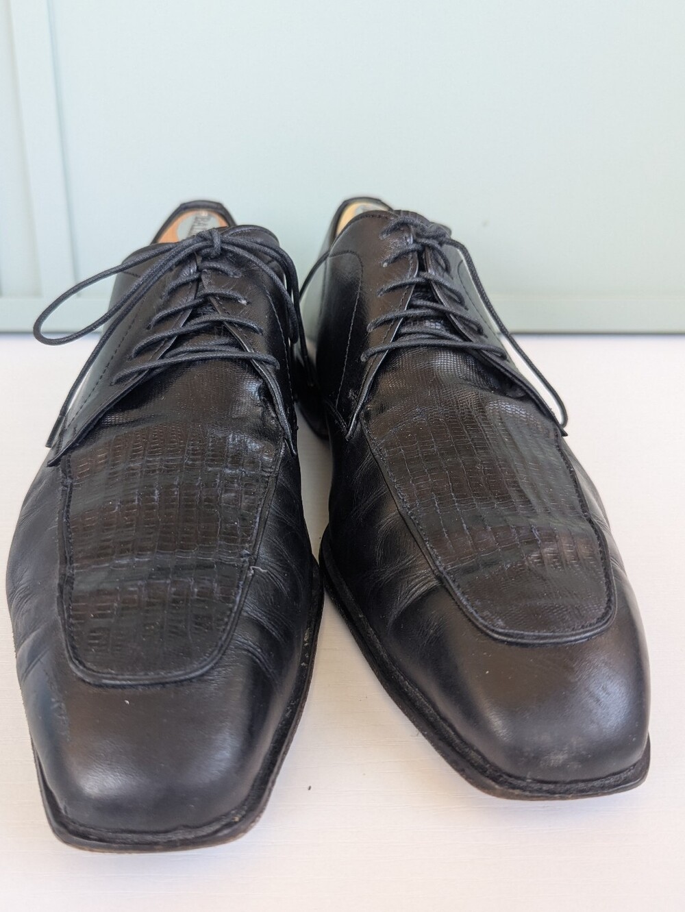 Black Textured Leather Derby Oxfords